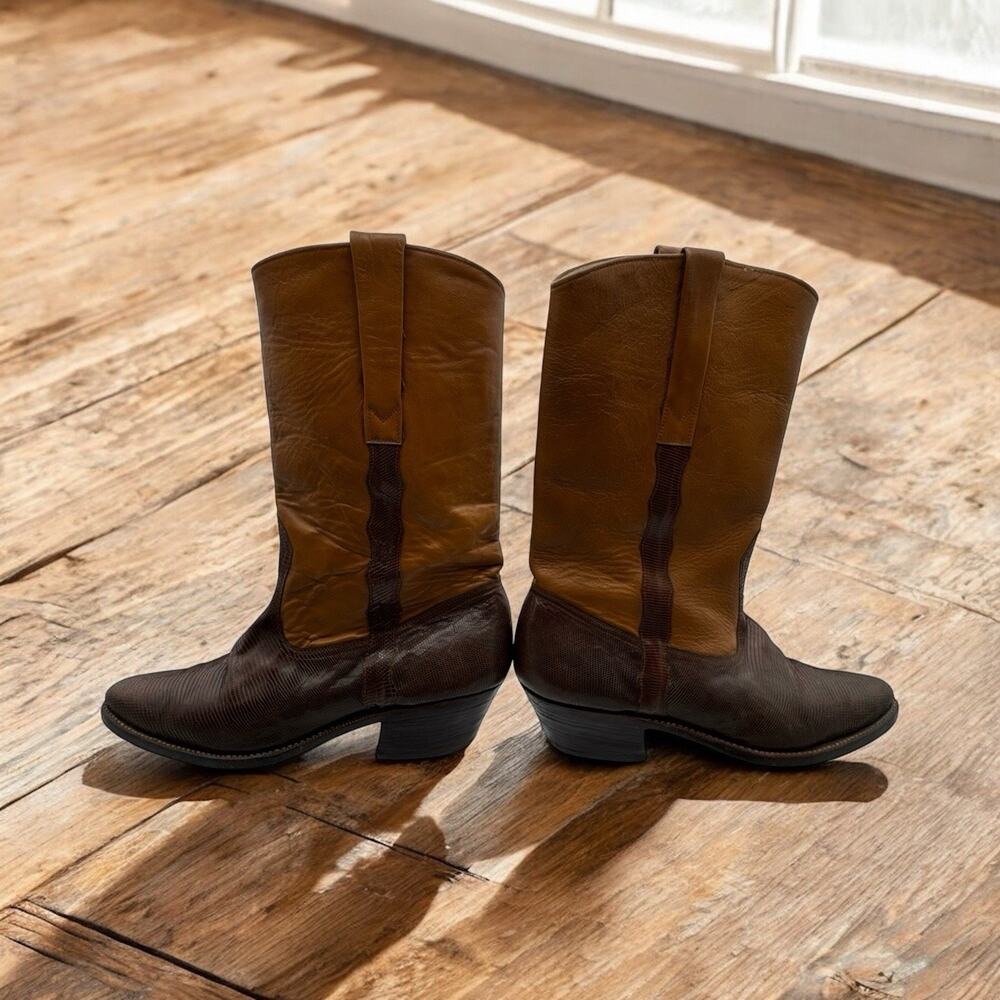 Vtg Complot European Brown Leather cowboy boots reptile skin Sz 9 Costa Rica?